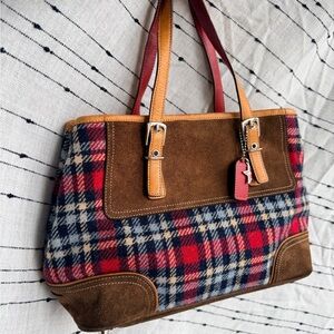 vintage Coach Hampton Tattersall plaid wool and suede tote bag